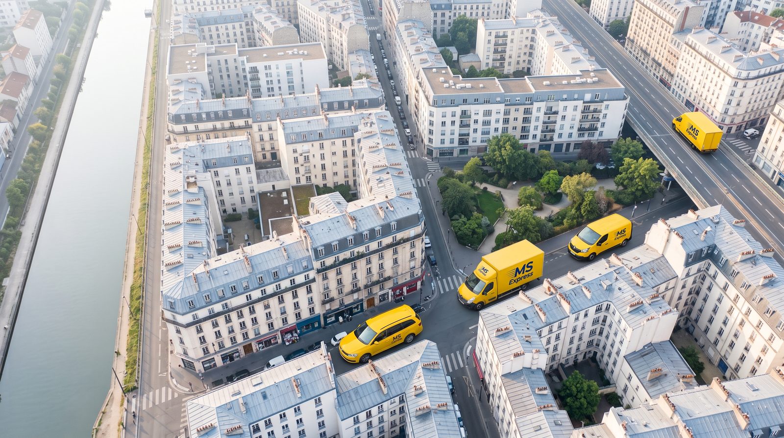 Vue aérienne d’un quartier parisien avec quatre véhicules de livraison MS Express en tournée (visuel d’illustration généré par IA).